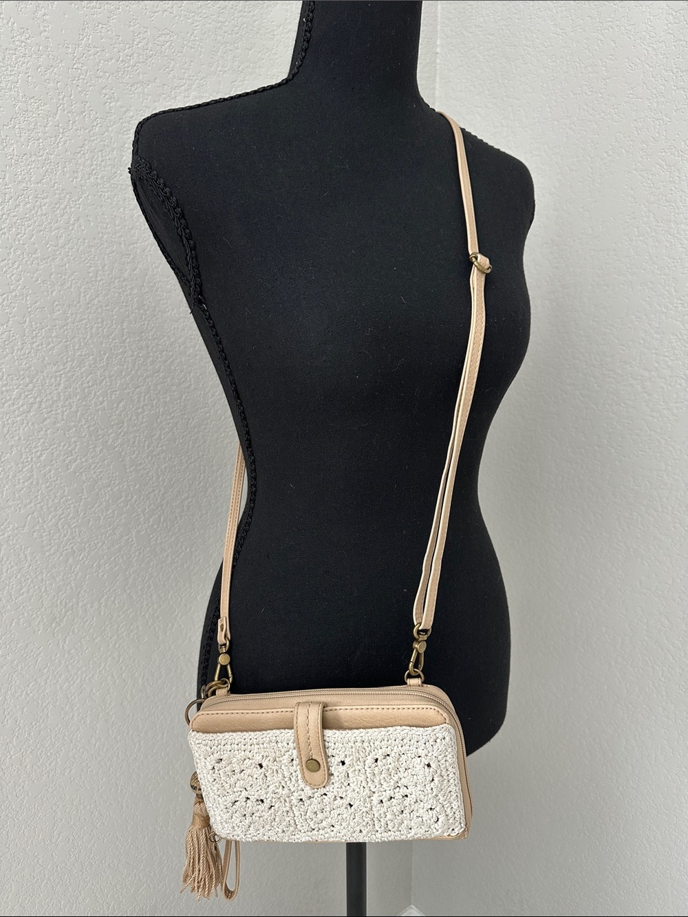 The Sak Cream Crochet Crossbody with Beige Trim and Tassel